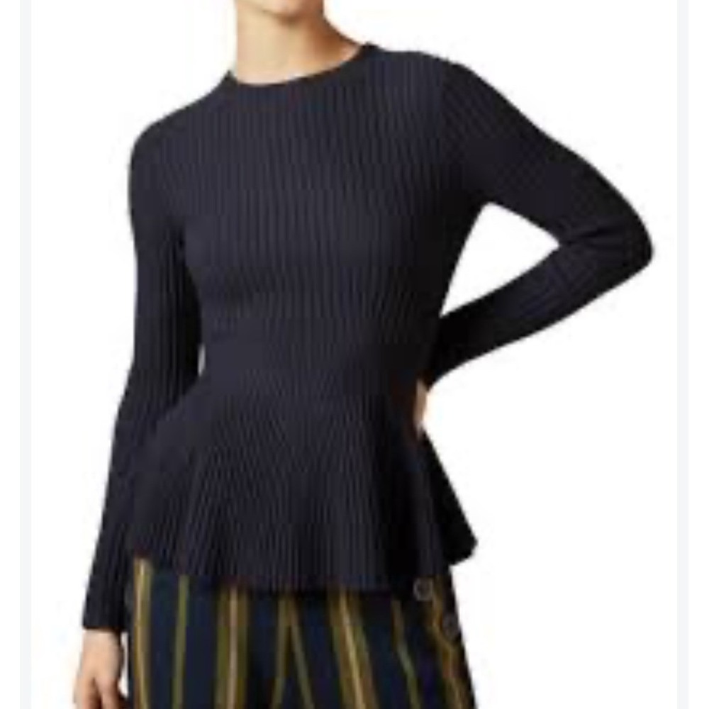 Ted Baker London Lillyyy Ribbed Peplum Sweater Womens 3 Black Ruffle Cuff M